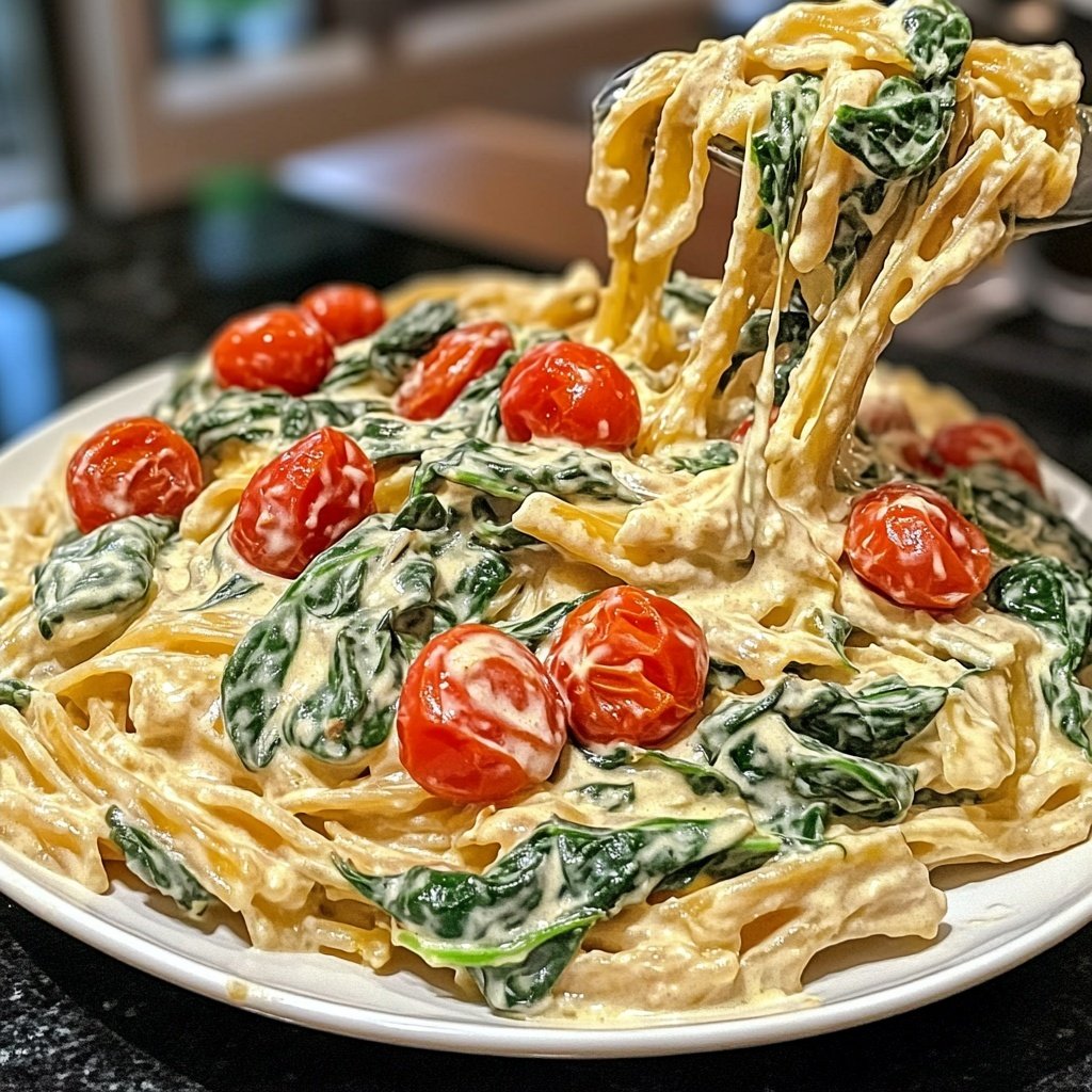 One-Pot Pasta mit Tomaten & Spinat